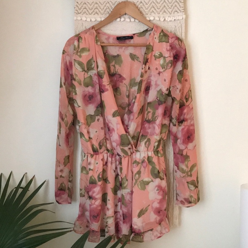 Honey Punch Pink and Green Floral Romper
